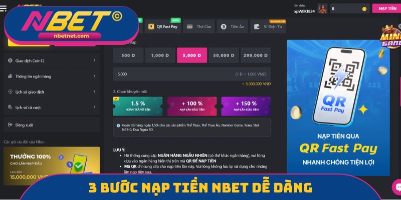 3 bước nạp tiền NBET dễ dàng