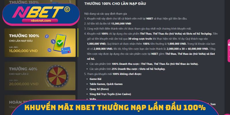 Khuyến mãi NBET thưởng nạp lần đầu 100%