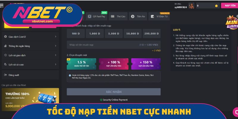 Tốc độ nạp tiền NBET cực nhanh